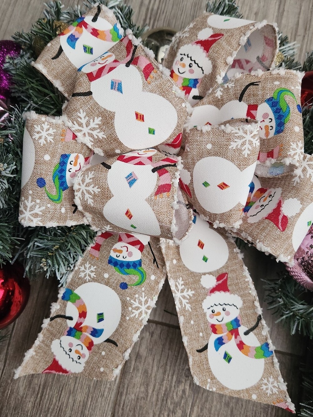 Handmade Vintage-Inspired Christmas Ornament Wreath Snowman 24 Inches - Picture 2 of 11